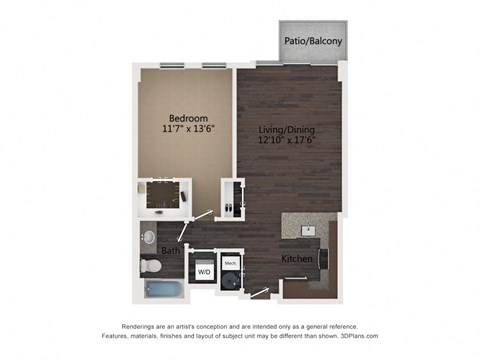 Floor plan for 1 bed, 1 bath, 755 sqft